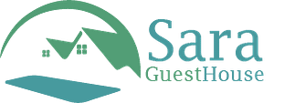 It is the Guest House Sara Logo, that shows a green house and a blue pool area right under it. Next to the house and pool there are big letter that spell out Guest House Sara.
